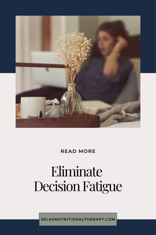 graphic saying read more eliminate decision fatigue with a photo of girl on bed with computer on her lap 