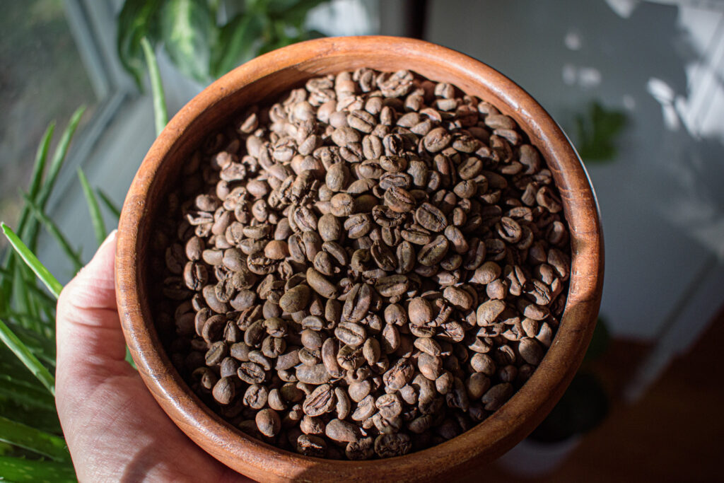 bowl of freshly roasted decaf coffee beans 