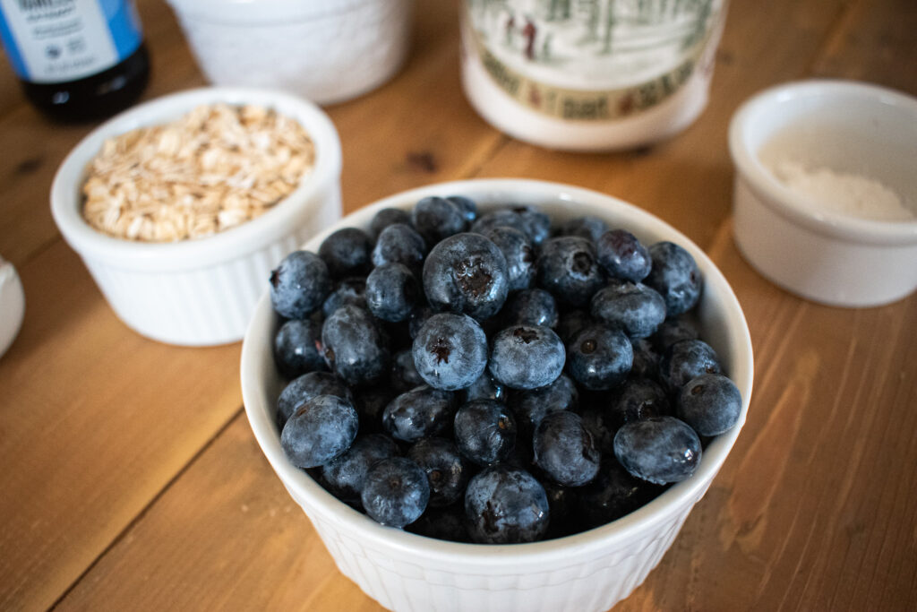 bowl of fresh blueberries surrounded by other baking ingredients 