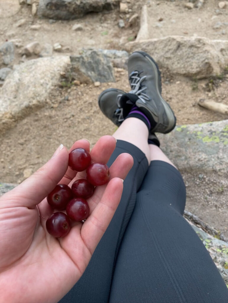 hand holding grapes while out hiking 