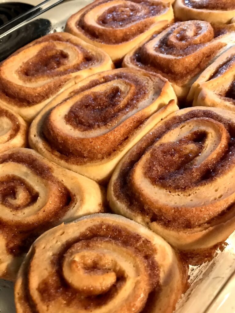 close up of baked cinnamon rolls not iced