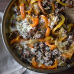 overhead shot of Philly cheesesteak skillet meal