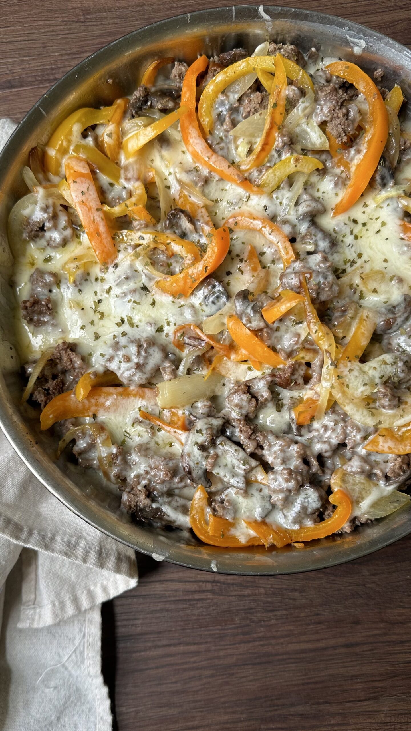 Philly cheesesteak skillet on a table