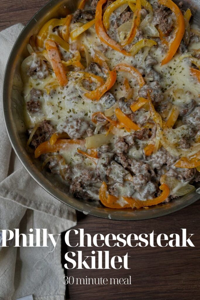 Pinterest pin of skillet Philly cheese steak