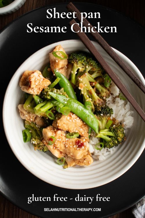 pinterest pin about sheet pan sesame chicken